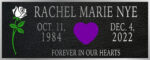 Memorial plaque black and silver with a purple heart and rose.